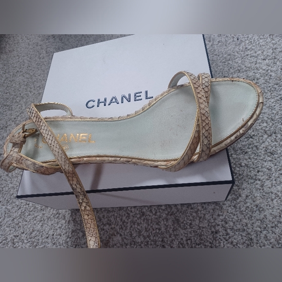 CHANEL Shoes - Authentic CHANEL interlocking CC logo snakeskin sandals 40 Metal Low Heel